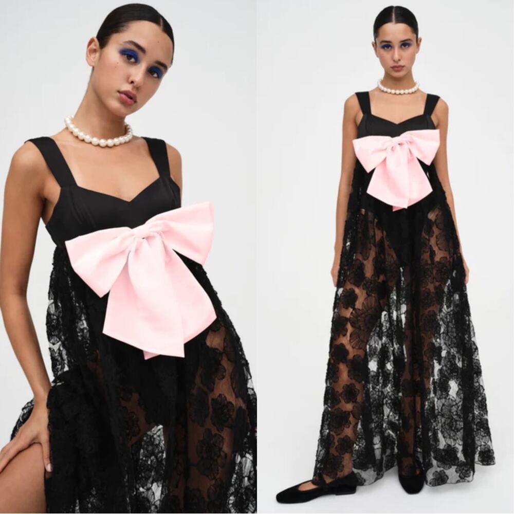 FOR LOVE & LEMONS Leah Bow Detail Lace Sheer Black Maxi Dress Size S